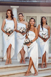 White Satin One Shoulder Bridesmaid Dresses, Wedding Party Dresses