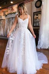 White Tulle A-line Long Wedding Dresses With Lace Appliques, Bridal Gown