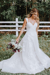 White Tulle Lace Appliqued A-line V-neck Wedding Dresses, Bridal Gown