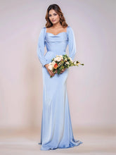 Long Sleeve Acetate Satin Sheath Bridesmaid Dress With Ruched Bust