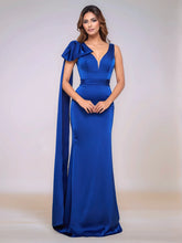 Deep V-Neck Bow Acetate Satin Bridesmaid Dress With Drop Train
