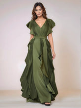 V-Neck Acetate Satin Bridesmaid Dress With Ruffle Hem
