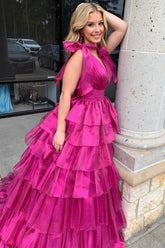 Fuchsia Princess A Line Deep V Neck Long Prom Dress with Ruffles