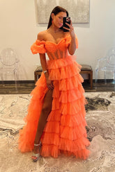 Orange Off the Shoulder A-Line Tulle Tiered Long Corset Prom Dress with Slit