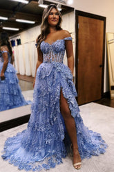 Grey Blue A-Line Off the Shoulder Tulle Tiered Long Corset Prom Dress with Slit