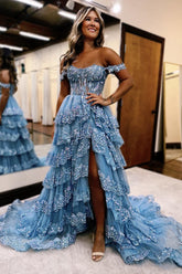 Grey Blue A-Line Off the Shoulder Tiered Long Corset Prom Dress with Slit