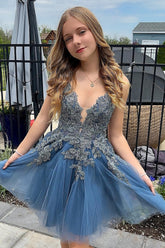 A Line Spaghetti Straps Grey Blue Short Homecoming Dress with Appliques