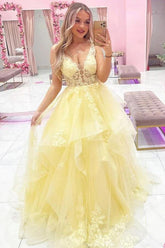 Layered Tulle A-line V-neck Long Prom Dresses With Appliques