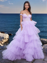 Off Shoulder Ruffled Tiered Lace Embroidery Tulle Ball Gown Prom Dress