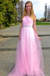 A-line Wide Strap Floor Length Chrmuse Tulle Rhinestone Prom Dress