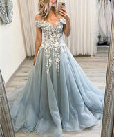 A-Line Tulle Applique Off-the-Shoulder Sleeveless Sweep/Brush Train Dresses