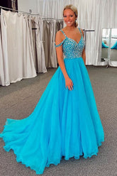 A Line Off the Shoulder Blue Long Prom Dress with Beading