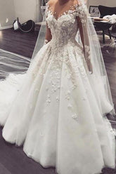 Bmbridal Long Sleeves Overskirt Wedding Dress With 3D Floral Appliques