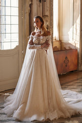 Bmbridal Champagne Tulle Wedding Dress With Lace Off-the-Shoulder
