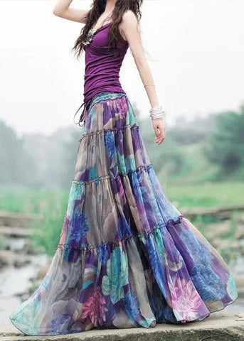 Bohemian Purple Drawstring Wrinkled Patchwork Print Chiffon Skirt Summer Bohemian Purple Drawstring Wrinkled Patchwork Print Chiffon Skirt Summer