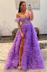 Purple Off the Shoulder Tulle Tiered A-Line Long Corset Prom Dress with Feather
