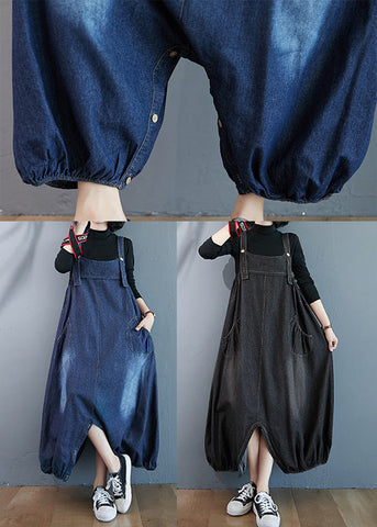 Black Wear On Both Sides Denim Jumpsuit Oversized Pockets Summer Black Wear On Both Sides Denim Jumpsuit Oversized Pockets Summer