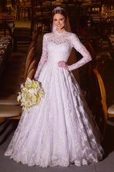 Fabulous A-Line Floor-Length High Neck Long Sleeves Lace Wedding Dresses
