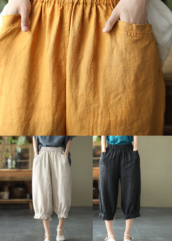 Beige Pockets Patchwork Linen Crop Pants Elastic Waist Summer Beige Pockets Patchwork Linen Crop Pants Elastic Waist Summer