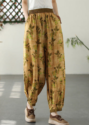 Bohemian Yellow Wrinkled Elastic Waist Crop Lantern Pants Bohemian Yellow Wrinkled Elastic Waist Crop Lantern Pants