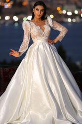 Bmbridal Long Sleeves Satin Wedding Dress Lace V-Neck