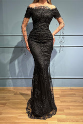 Bmbridal Black Off-the-Shoulder Evening Dress Mermaid Long With Lace