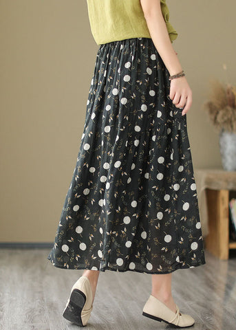 Black Pockets Print Patchwork Linen Skirt Wrinkled Summer Black Pockets Print Patchwork Linen Skirt Wrinkled Summer
