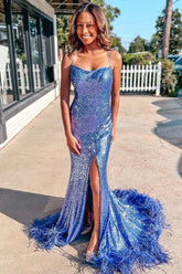 Sequin Feather Lace-Up Back Mermaid Long Prom Dress with Slit
