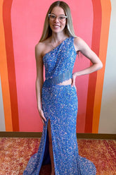 Mermaid One Shoulder Blue Sequins Long Prom Dress with Split Front