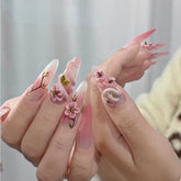 Luxury 3D Press On Nails Long Almond Peach Blossom and Snake Pink Series Handmade Unique Fake Nails with SetCarefully designed pure handmade press-on gel nails