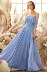 Off The Shoulder Blue Chiffon Bridesmaid Dress