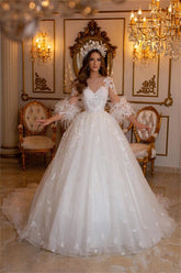 Bmbridal Long Sleeves Princess Wedding Dress Ball Gown With Lace Feather