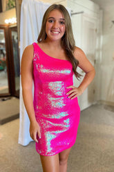 Sweet Magic Sheath One Shoulder Hot Pink Sequins Short Homecoming Dress