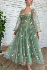 Bmbridal Long Sleeves Sage Green Prom Dress Tulle With Flowers