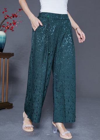 Blackish Green Silk Straight Pants High Waist Tassel Summer Blackish Green Silk Straight Pants High Waist Tassel Summer