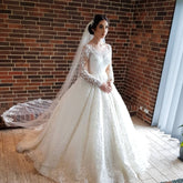 BMbridal Long Sleeves Lace Ball Gown Wedding Dress Off-the-Shoulder