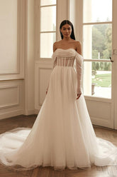 Bmbridal Off-the-Shoulder Wedding Dress A-Line Tulle With Long Sleeves
