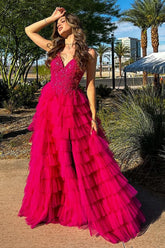 Charming A Line Spaghetti Straps Fuchsia Long Prom Dress with Ruffles