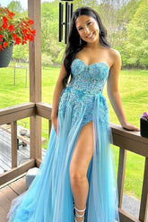 A Line Sweetheart Blue Corset Prom Dress with Appliques Split Front