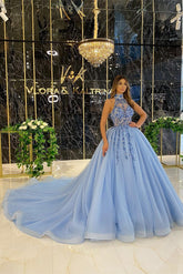 Bmbridal High Neck Sleeveless Blue Prom Dress Tulle Ball gown With Appliques