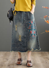 Vintage Grey Asymmetrical Embroideried Patchwork High Waist Denim Maxi Skirts Summer