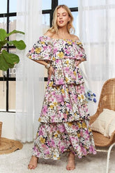 Layered Floral Off-Shoulder Short Sleeve Summer Maxi Dress