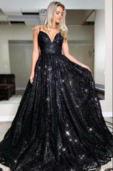 Amazing Black Sequins Long Evening Prom Dress Spaghetti-Straps