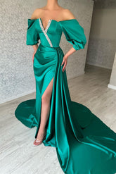 Amazing Long Green Off-the-Shoulder Evening Party Gowns Long Slit Online