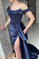 Amazing Long Navy Off-the-Shoulder Mermaid Evening Party Gowns Long Slit Online