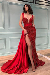 Amazing Red Beadings Mermaid Prom Dress Split With Ruffles Sequins
