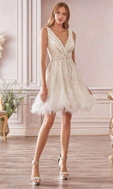 Multi-Beaded Fit And Flare Feather Hem Dress