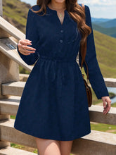 Drawstring Dark Blue, Waist Notched Long Sleeve Short Dress