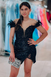 Glittering Glamour Sheath Off the Shoulder Black Short Homecoming Dress with Feather