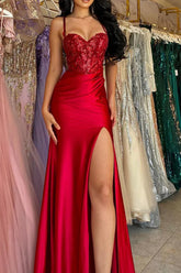 Mermaid Spaghetti Straps Satin Corset Long Prom Dress with Slit